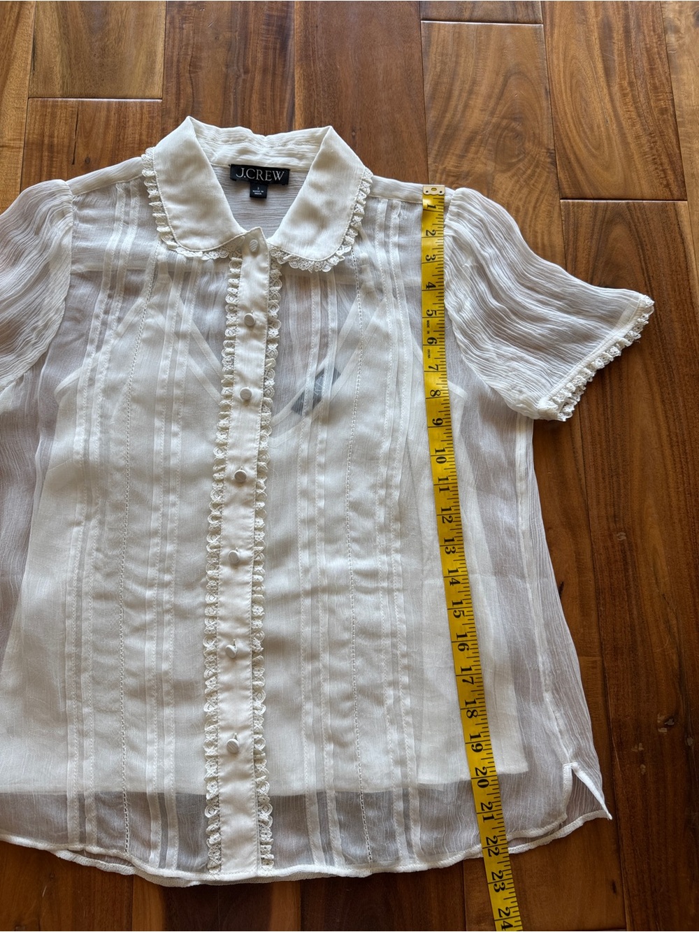 Sheer White Lace-Trim Short Sleeve Blouse - Picture 7 of 11